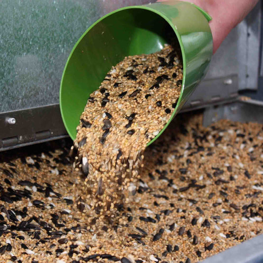 Sturdy green scoop filled with Haith's SuperClean bird seed.