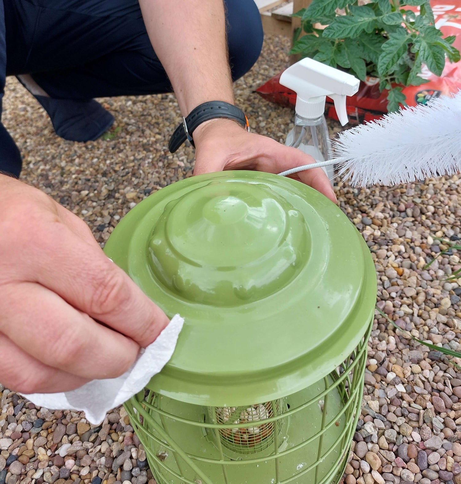 cleaning bird feeder