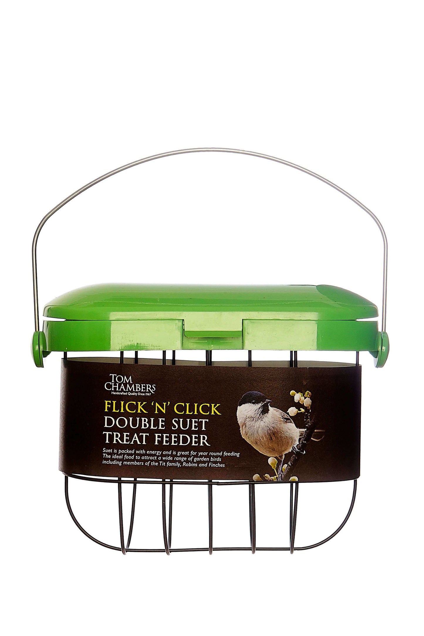 Easy flick lid suet feast feeder with metal hanging loop. Holds two suet feast blocks.