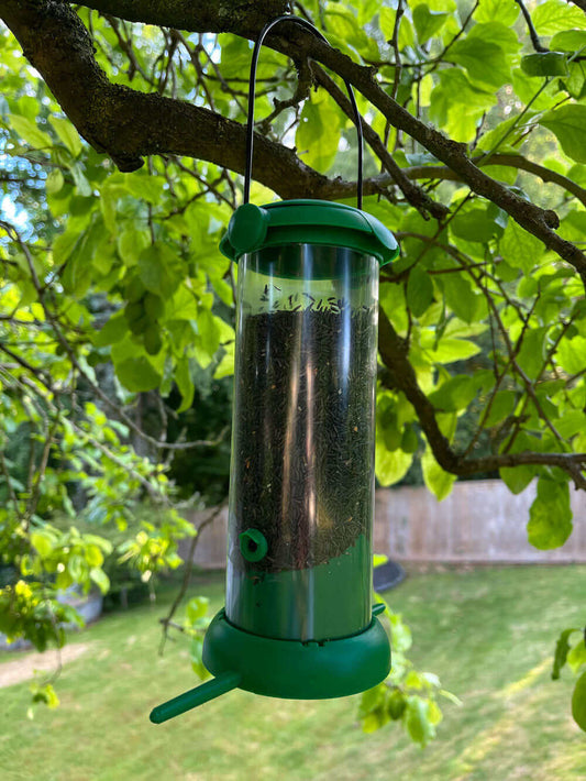 Two port plastic niger feeder with metal hanging loop.