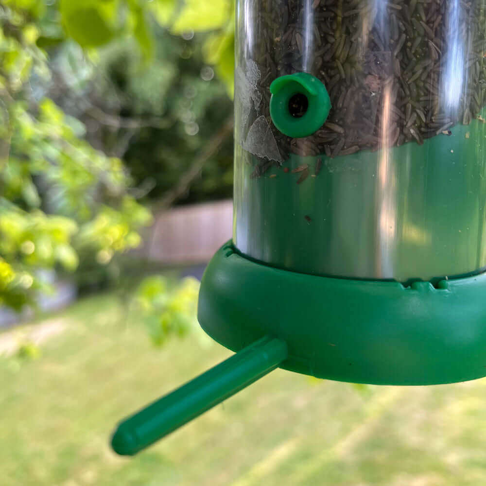 Green plastic 2 port FlipTop Niger Feeder with plastic perches.