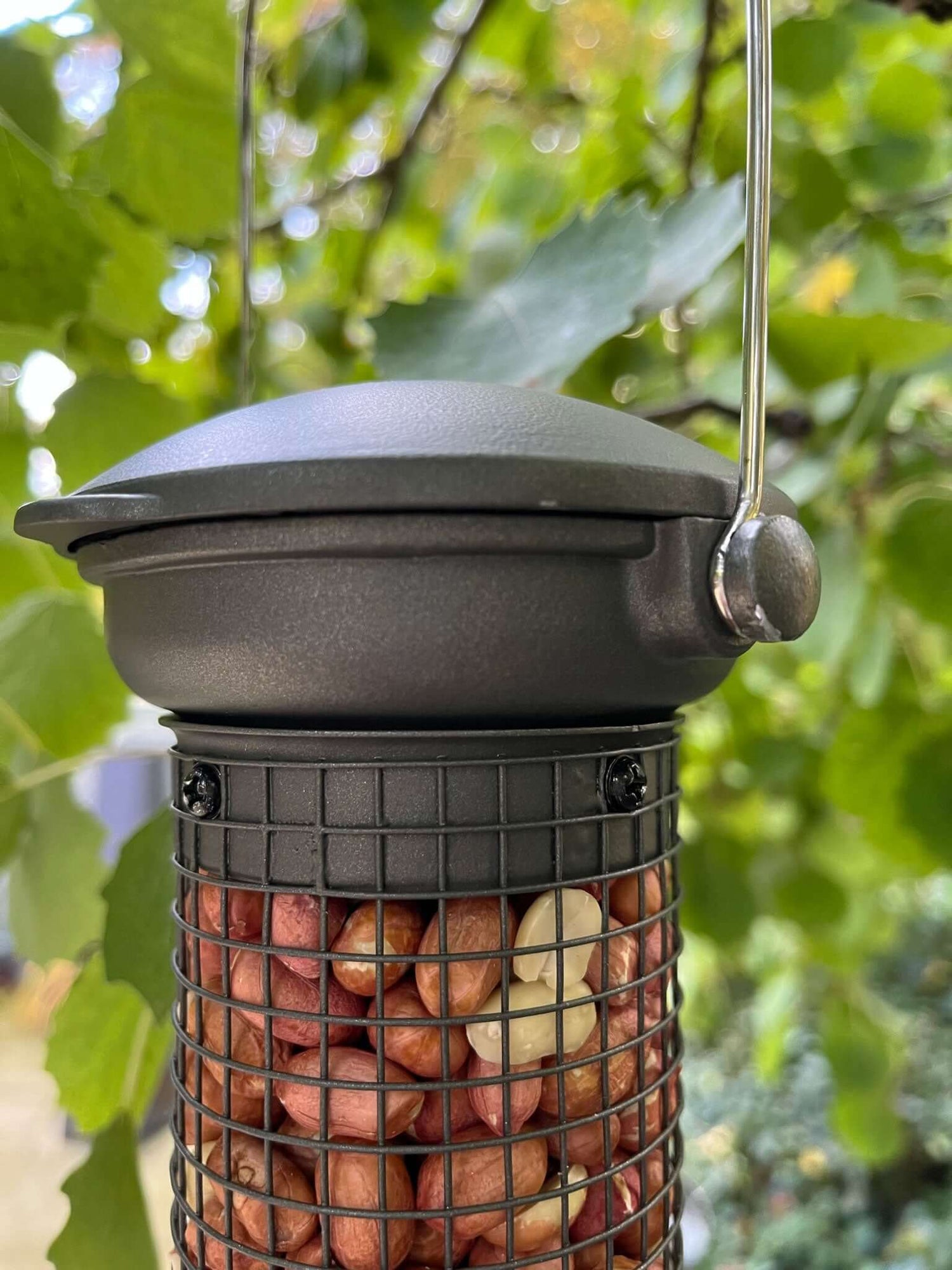 Easy flick top peanut feeder with heavy duty mesh tube.